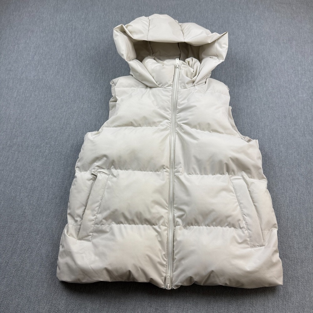 Mercer + Mettle Vest Women Medium Cream Full Zip Puffer Hooded Sleeveless Jacket